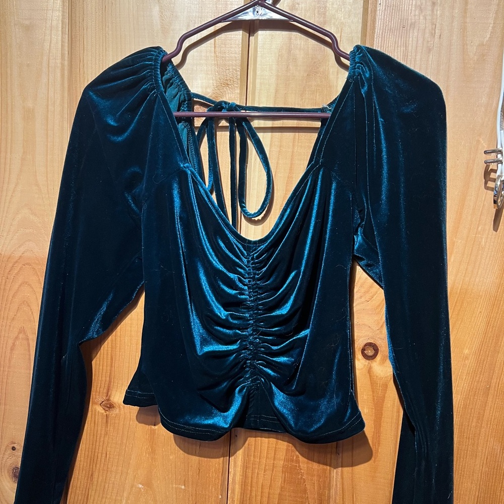 Velvet Ruched Cropped Long-Sleeve Women's Top - Deep Teal